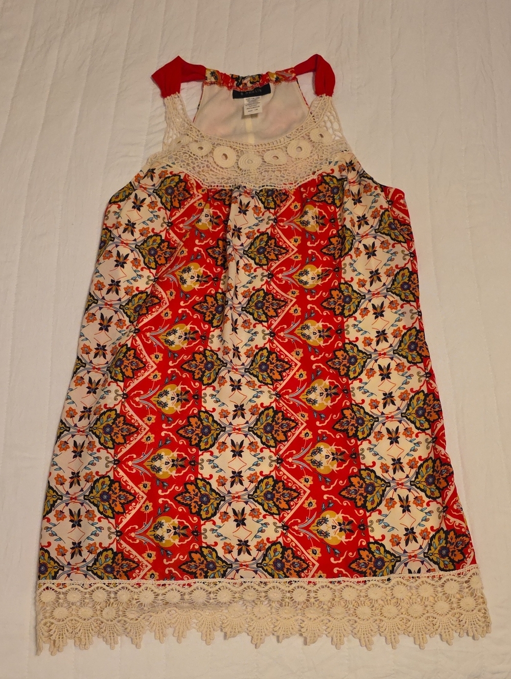 B Darlin Red Patterned Tank Dress with Cream Crochet Trim